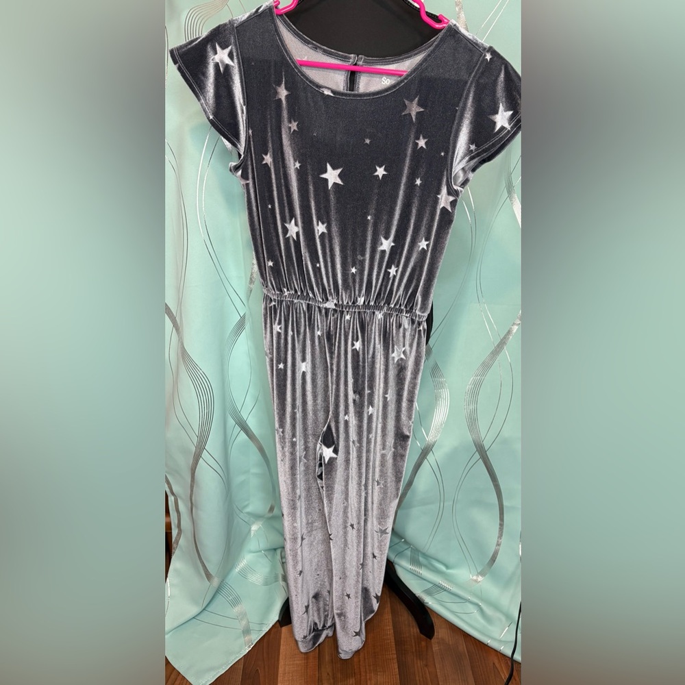 SO Gray Star Print Velvet Jumpsuit